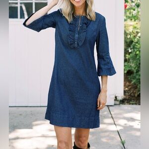 Draper James Blue Dark Wash Denim Chambray Ruffle Shift Dress Size 2